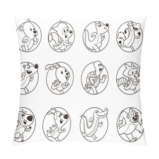 Personality  Set Of Twelve Round Frames With Running Animals, Line Art Pillow Covers