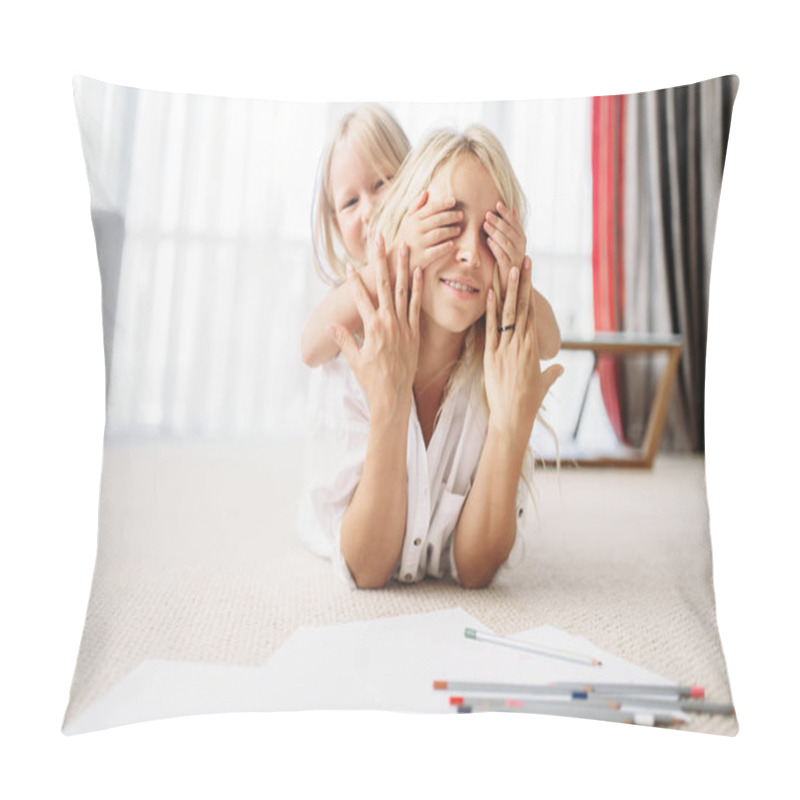 Personality  Mother and child leisure and play lying on the floor. Parent feeling, togetherness pillow covers