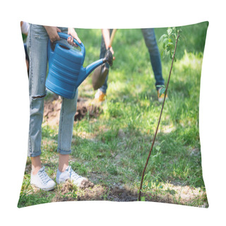 Personality  Cropped View Of Female Volunteer Watering New Tree Pillow Covers