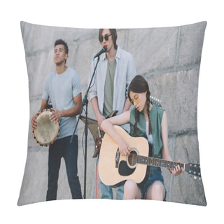 Personality  Young And Happy Male And Female Street Musicians Playing Guitars And Djembe In City Pillow Covers