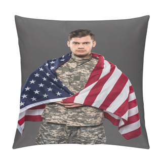 Personality  Handsome Man In Military Uniform With American Flag Isolated On Grey  Pillow Covers