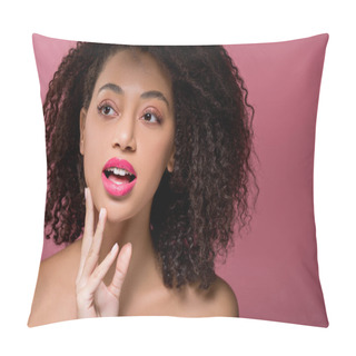 Personality  Portrait Of Beautiful Emotional African American Girl With Curly Hair, Isolated On Pink Pillow Covers