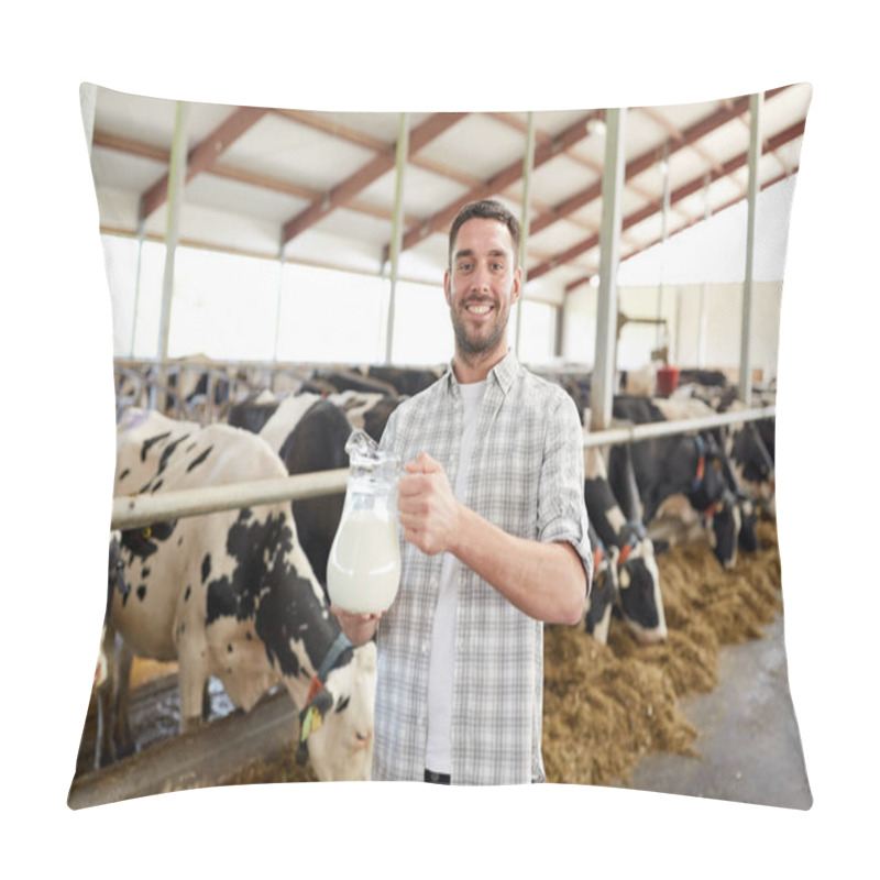 Personality  man or farmer with cows milk on dairy farm pillow covers