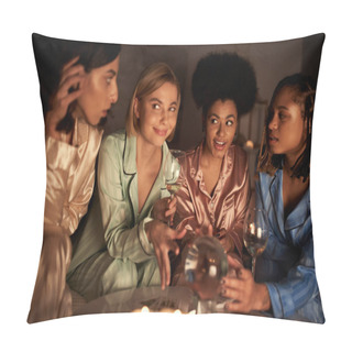 Personality  Smiling Multiethnic Women In Colorful Pajama Looking At Multiracial Friend Near Crystal Ball, Wine Glasses And Candles During Girls Night At Home, Bonding Time In Comfortable Sleepwear, Divination  Pillow Covers
