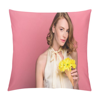 Personality  Girl Holding Ice Cream Cone With Yellow Flowers And Looking At Camera Isolated On Pink Pillow Covers