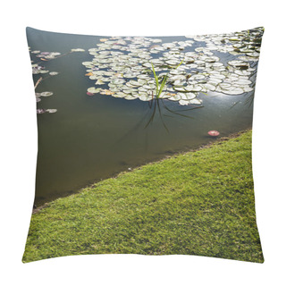 Personality  Green And Fresh Grass Near Pond With Water Lily Leaves  Pillow Covers