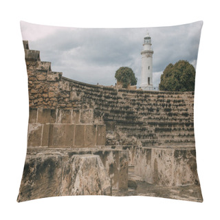 Personality  Selective Focus Of Ancient Amphitheater In Archaeological Park Near Lighthouse  Pillow Covers
