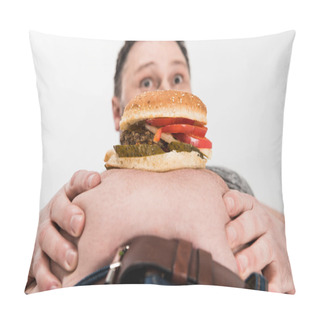 Personality  Surprised Overweight Man With Burger On Belly Isolated On White Pillow Covers