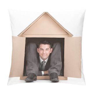 Personality  Elegant Smiling Happy Flexible Contortion Businessman In Cardboard House Pillow Covers