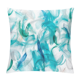 Personality  Seamless Background With Green, Grey And Turquoise Bright Feathers Isolated On White Pillow Covers