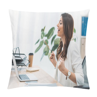 Personality  Businesswoman Sitting At Table, Looking To Laptop And Rejoicing In Office Pillow Covers