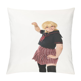 Personality  Angry Woman In School Uniform And Yellow Blonde Wig Showing Fist On White, Cosplay Character Pillow Covers