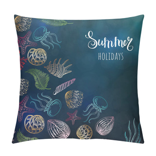 Personality  Composition Of Seashells, Starfish, Jellyfish. Underwater World. Sea Background. Pillow Covers