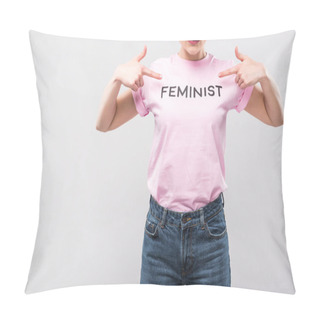 Personality  Cropped View Of Woman Pointing At Pink Feminist T-shirt, Isolated On Grey Pillow Covers