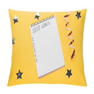 Personality  Notebook With 2020 Goals Inscription With Empty Numbered Points Near Decorative, Shiny Stars And Serpentine On Yellow Surface Pillow Covers