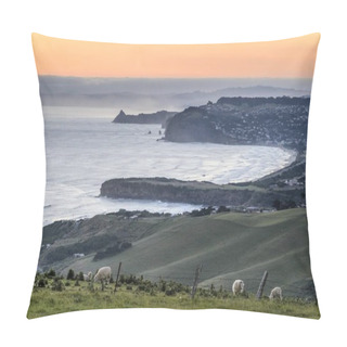 Personality  Grassland With Sheep, Dunedin Beach At The Back, Dunedin, Otago Peninsula, South Island, New Zealand, Oceania Pillow Covers