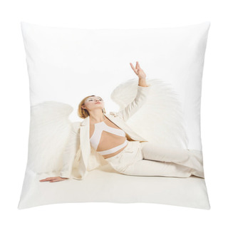 Personality  Charming Woman In Costume Of Angel With Light Heavenly Wings Sitting With Raised Hand On White Pillow Covers