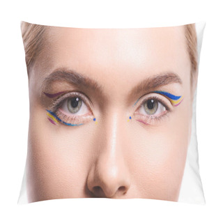Personality  Cropped Image Of Woman With Colored Makeup With Lines Looking At Camera Isolated On White Pillow Covers
