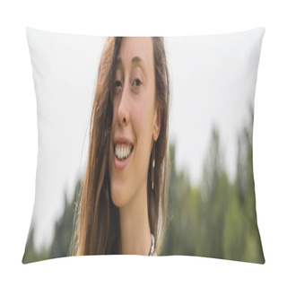 Personality  Cheerful Brunette Woman Looking At Camera Outdoors, Banner  Pillow Covers