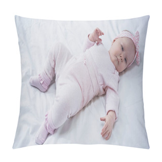 Personality  High Angle View Of Baby Girl In Headband With Bow Lying On Bed Pillow Covers
