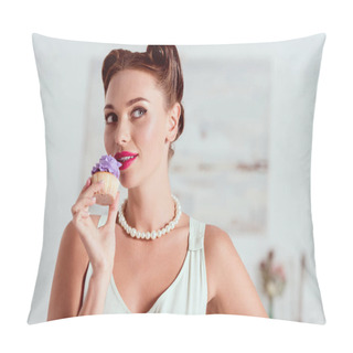 Personality Beautiful Pin Up Girl In Light Green Dress Tasting Homemade Cupcake With Purple Cream Pillow Covers