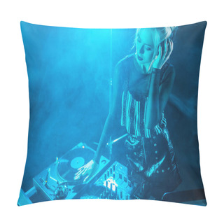 Personality  Blonde Dj Girl Listening Music In Headphones While Looking At Dj Equipment In Nightclub With Smoke  Pillow Covers