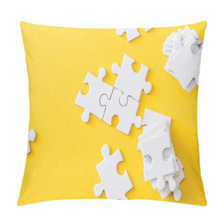 Personality  Top View Of White Stack Of Jigsaw Near Connected Puzzles Isolated On Yellow  Pillow Covers