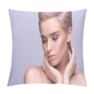 Personality  Attractive Woman With Violet Glitter On Neck And Short Hair Looking Down Isolated On Violet Pillow Covers
