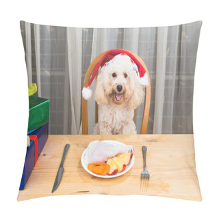 Personality  Concept Of Excited Dog On Santa Hat Having Delicious Raw Meat Christmas Meal Pillow Covers