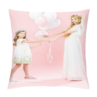 Personality  Beautiful Mother And Cute Daughter In White Elegant Dresses And Floral Wreaths Holding Festive Air Balloons On Pink Background Pillow Covers