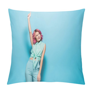 Personality  Young Woman With Pink Hair And Raised Hand On Blue Background Pillow Covers