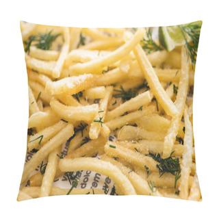 Personality  Close Up Of Crispy French Fries With Dill On Newspaper Pillow Covers