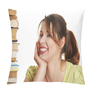 Personality  Young Caucasian Woman (student) With Books Pillow Covers