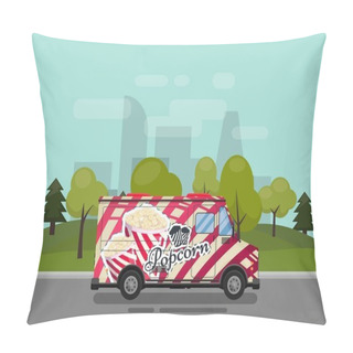 Personality  Popcorn Cart, Kiosk On Wheels, Retailers, Sweets And Confectionery Products, And Flat Style Isolated Against The Background Of The City Vector Illustration. Snacks For Your Projects Pillow Covers