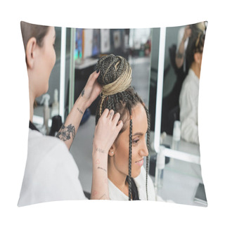 Personality  Salon Experience, Tattooed Hairdresser Doing Hair Bun To Female Client With Braids, Cheerful Women, Client Satisfaction, Customer In Salon, Beauty Service, Feminine, Hair Make Over, Blurred  Pillow Covers