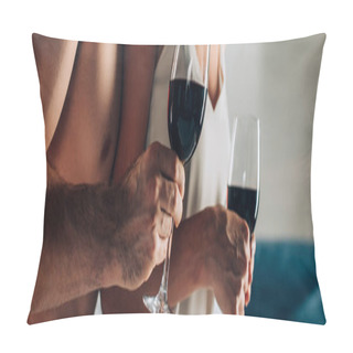 Personality  Panoramic Crop Of Muscular Man Holding Glass Of Wine Near Woman At Home  Pillow Covers