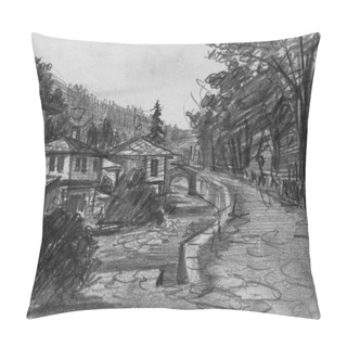 Personality  Pencil Drawing Of Traditional Old Bulgarian Houses Pillow Covers