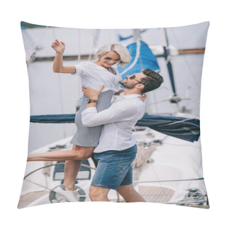 Personality  Beautiful Happy Young Couple Having Fun Together On Yacht Pillow Covers