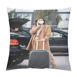 Personality  Stylish Woman In Trench Coat Talking On Smartphone While Standing With Suitcase Near Car Trunk Pillow Covers