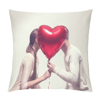 Personality  Valentine's Day. Happy Joyful Couple Holding Heart Shaped Air Balloon And Kissing. Love Pillow Covers