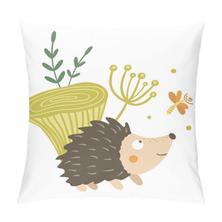 Personality  Vector Hand Drawn Flat Hedgehog With Mushroom And Dragonfly Pillow Covers
