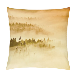 Personality  Misty Daybreak In A Beautiful Hilly Park. Peaks Of Trees Are Sticking Out From Foggy Background, The Fog Is Yellow And Orange Due To Sun Rays. The Fog Is Swinging Between Trees. Pillow Covers
