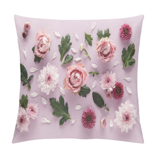 Personality  Top View Of Blooming Spring Chrysanthemums And Roses With Leaves And Petals On Violet Background Pillow Covers