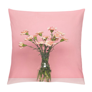 Personality  Vase With A Beautiful Pink Carnation Flower On White Table. Pastel Rose Background, Copy Space For Your Text Pillow Covers