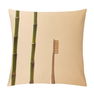 Personality  Bamboo Toothbrush And Green Bamboo Stems On Beige Background Pillow Covers
