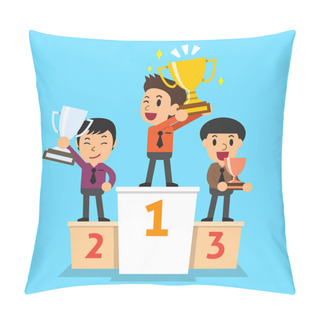 Personality  Businessmen Winner Standing On A Podium And Holding Up Winning Trophies Pillow Covers