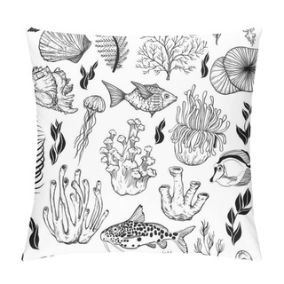 Personality  Seamless Pattern With Marine Hand Drawn Corals. Black And White Pillow Covers