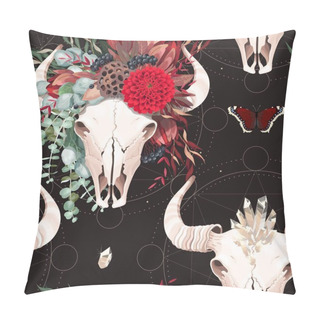 Personality  Vector Seamless Pattern With Bull Skull And Flower Pillow Covers