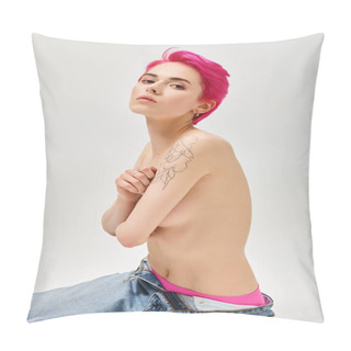 Personality  Portrait Of Tattooed And Topless  Woman With Pink Hair Covering Breasts On Grey Background, Sexy Pillow Covers
