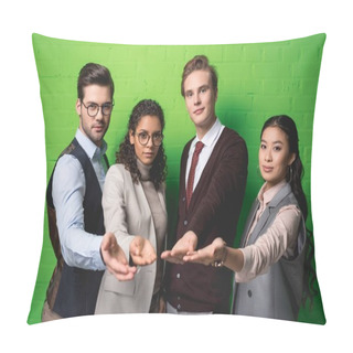 Personality  Multicultural Businesspeople Asking For Alms In Front Of Green Wall Pillow Covers